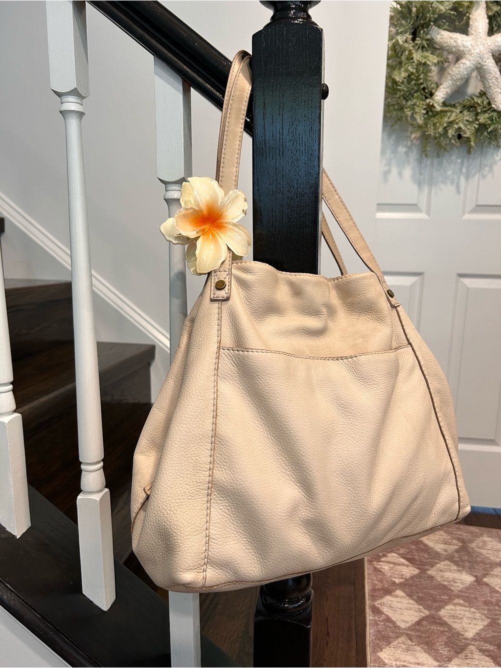 Soft Pebble Leather Cream Shoulder Bag